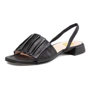 FYS Black Women Fashion Square Open Toe Slingback Sandals Pleated One Band